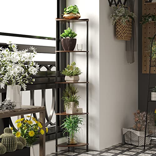 SUNMORY Rustic Brown 5-Tier Corner Shelf - Tall Corner Bookcase for Living Room
