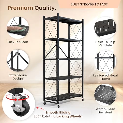 Black 5-Tier Foldable Storage Shelf with Wheels - Collapsible Metal Rack for Kitchen, Pantry & Closet