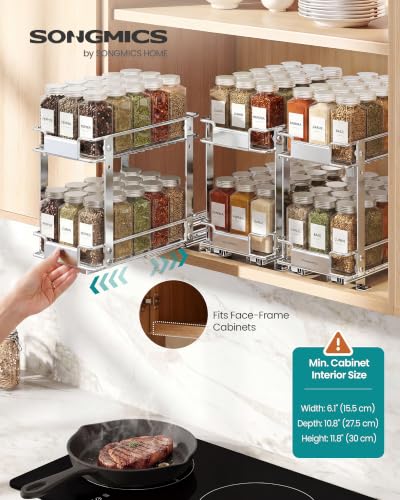 SONGMICS Silver 2-Tier Pull-Out Spice Rack Organizer - Thick Steel, Adjustable