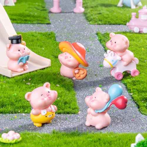 Pink Pig Figure Animal Toys Set Cake Topper, Micro Landscape Decor Fairy Garden Miniature Pig Figurines Collection Playset for Christmas Birthday Gift Desk Decorations(12pcs)