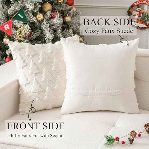 UGASA Christmas Tree Decorative Pillow Covers 18x18 Inch Set of 2 Soft Plush Faux Fur Luxury Sparkling Sequin Pattern Throw Pillows Pillowcases for Couch Sofa Holiday Festivals Home Decor, Cream White