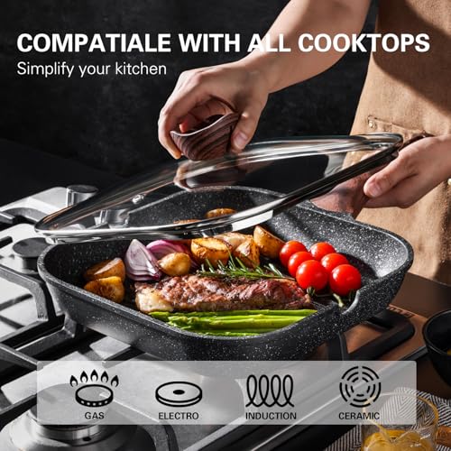 11-Inch Nonstick Grilling Pan with Lid - Black, Square Indoor Grill for Stove Tops