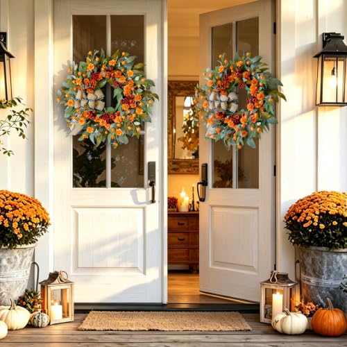 Autumn Leaf Wreaths - 24 Inch Fall Door Wreath with Berries & Bow - Harvest Decor