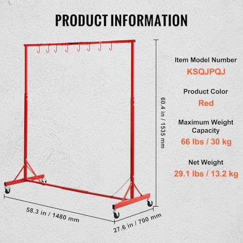 Red Adjustable Automotive Paint Rack with 8 Hooks, 5-7 ft Height, 66 lbs Capacity