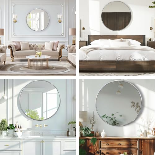Round Bathroom Mirror 30x30 Inches Silver Wall Mirror with Metal Frame - Variation of Silver / 30L x 30W / 1