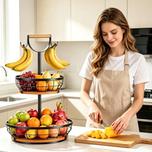 Rotating 2-Tier Fruit Basket with Wood Base and Banana Hooks - Space Saving Kitchen Organizer