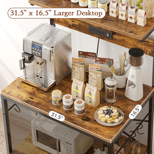 Bakers Rack with Power Outlets and Adjustable Shelves - Rustic Brown 31.5 Inch
