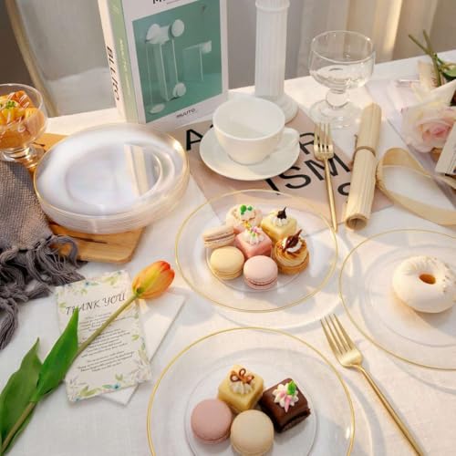 Clear Gold Disposable Dessert Plates & Forks Set - 200 Pieces for Weddings & Parties