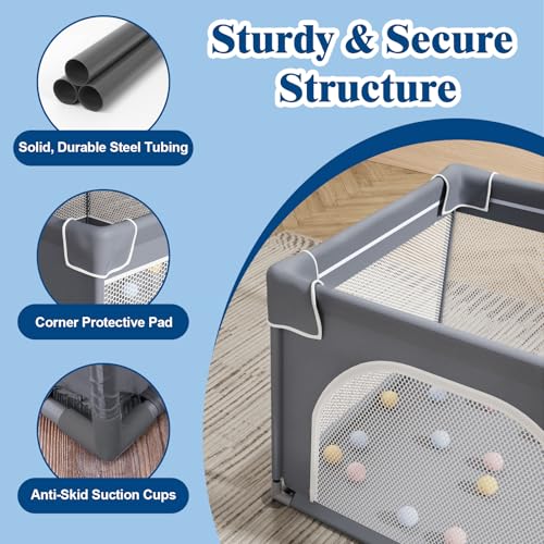 Jixrolyn 36x36 Inch Baby Playpen Dark Grey, Breathable Mesh Toddler Play Yard with Anti-Slip Base