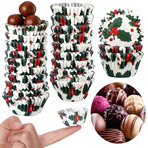 Funtery 600 Pcs Christmas Holly Cupcake Liners Mini Muffin Baking Cups