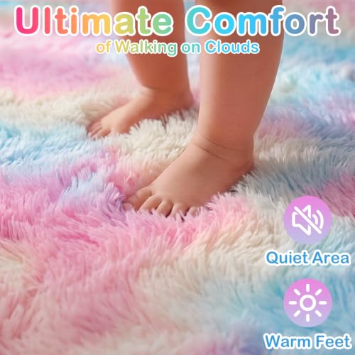 8x10 Rainbow Area Rug - Pastel Plush Carpet for Bedroom Girls - Non-Slip