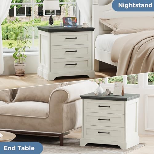 White Farmhouse Nightstand with Built-in USB Charging Station & 3 Drawers - DUMOS