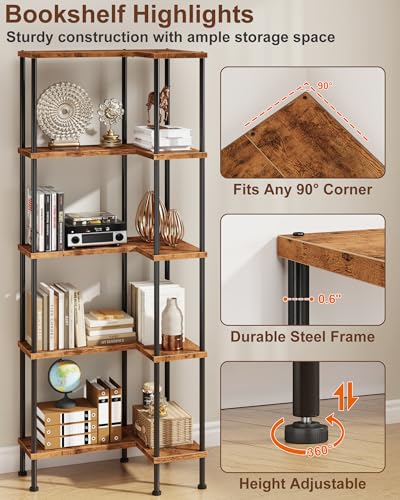 Rustic Brown 5-Tier L-Shaped Corner Bookshelf - 60 Inch Modern Corner Shelf