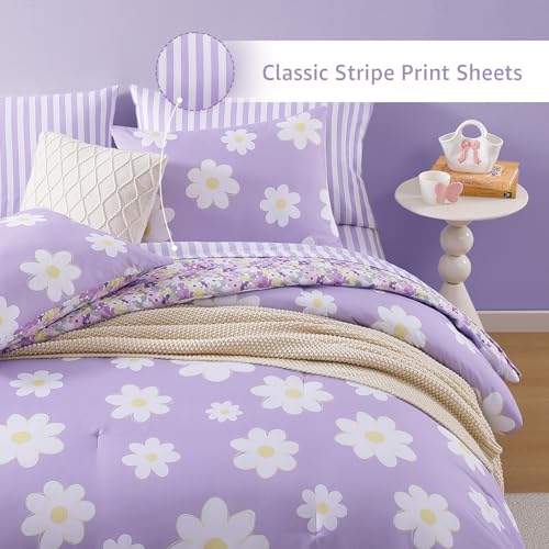 Full Size Purple Daisy Comforter Set for Girls - 7 Pieces Bed in a Bag, Pink & White Floral Bedding, Double-Sided Design, Soft & Cozy, AMBERSPACE