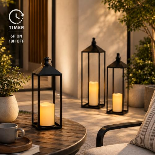 LED Lantern Set with Flameless Candles - 23, 19 & 13 Inches, Timer, Black Metal Decor for Indoor & Outdoor