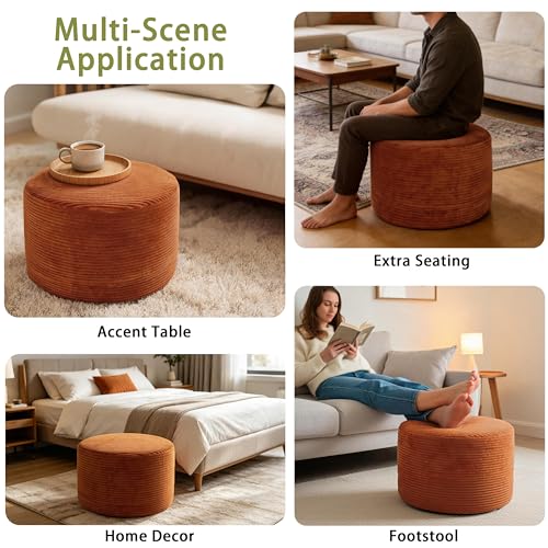 Thgonwid Round Corduroy Ottoman Pouf - Burnt Orange 20x14in Foot Rest Stool