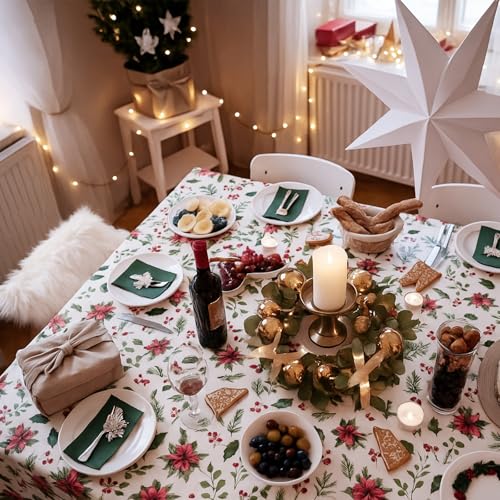 Tedercle Christmas Greenery Tablecloth – 54x108 Inch, 3 Pack, Disposable Holiday Plastic Cover with Holly & Pine Design