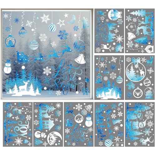 Cinrobiye 172Pcs Christmas Snowflake Window Clings Winter Wonderland Decal Stickers Let it Snow Reindeer Snowman Window Seasons Decals for Elk Snowball Holiday Home Kitchen Living Room,9 Sheets