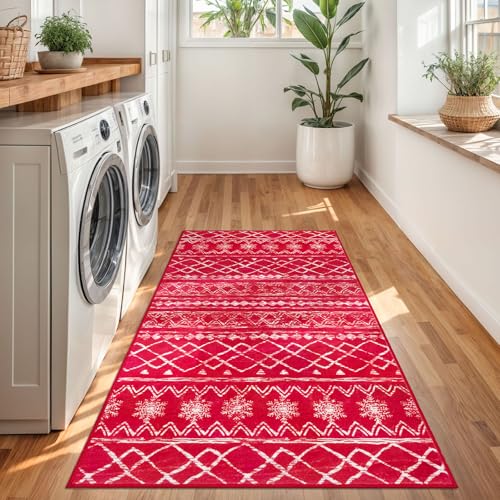 KUTA 3' x 5' Red/White Christmas Enreyway Rug | Non-Slip, Machine Washable, Low-Pile Moroccan Boho