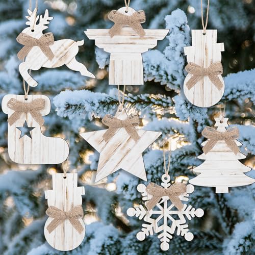 8 Pcs Rustic Christmas Tree Ornaments Wooden Angle Snowflake Reindeer Ornaments Farmhouse Christmas Tree Hanging Decorations for Xmas Home Office Fireplace Mantel Winter Party (White)