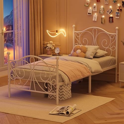 Twin Bed Frame with Butterfly Headboard and Footboard - White, Space-Saving Design