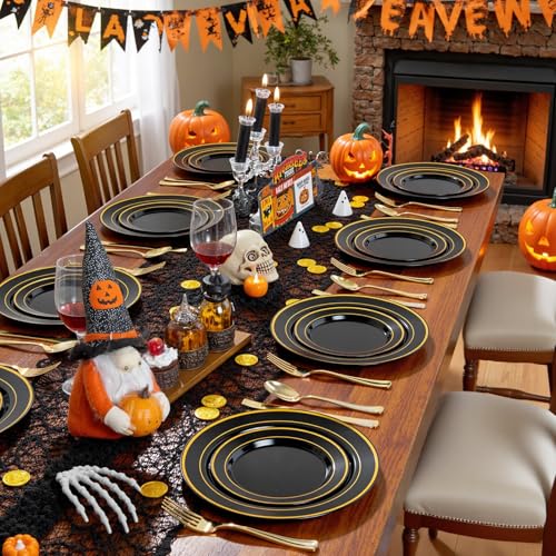 Black & Gold 200PCS Heavy Duty Plastic Plates - Disposable for Wedding, Party, Halloween (Black & Gold, 100 Dinner + 100 Dessert Plates) - WDF