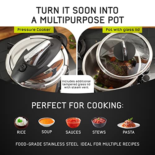 6.3 Quart Stainless Steel Stovetop Pressure Cooker with Glass Lid - Induction Compatible, 4 Safety Systems, 2-in-1 Cooking Pot