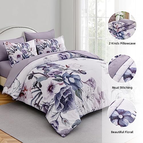 Luxudecor California King Purple Floral 7-Piece Comforter Set Bed in a Bag