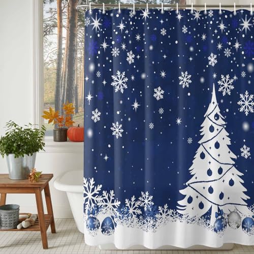 Ueplerts Navy Blue Christmas Shower Curtain Set with Hooks - 72x72 Inch Waterproof Holiday Bathroom Decor