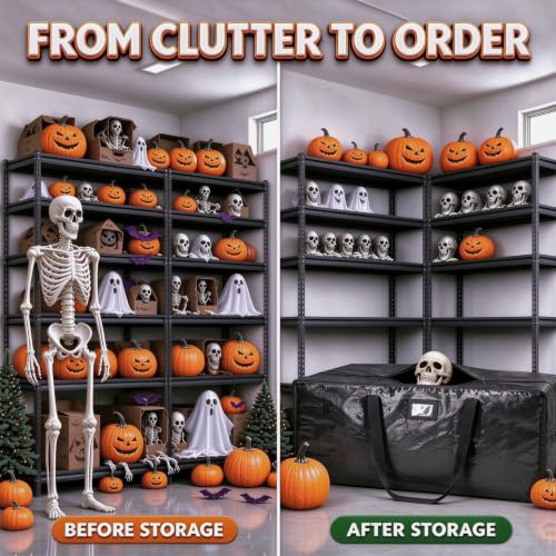 Black 12ft Skeleton Storage Bag - Heavy Duty PE Woven Fabric, Portable Holiday Decor Organizer