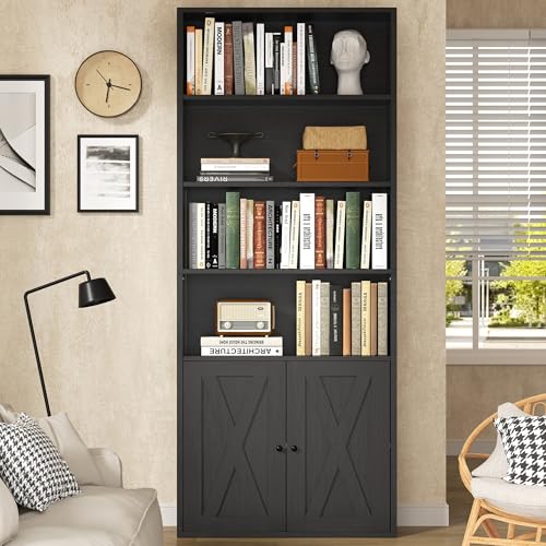 Black Modern Bookshelf with Doors - 6-Tier 71-Inch Tall Bookcase Storage Cabinet for Home Office