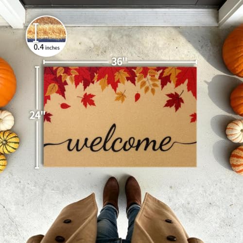 Fall Welcome Door Mat 24x36 Inches with Maple Leaves Non Slip Outdoor Indoor