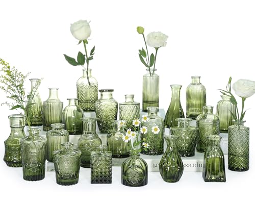 SUPMIND Green Glass Bud Vase Set of 24 Vintage Small Flower Vases for Centerpieces