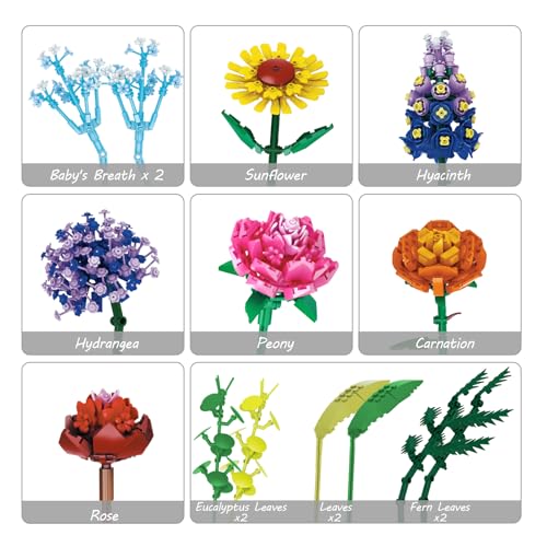 BrickTribe Dual Flower Bouquet Building Set with Vase - Sunflowers & Roses, Creative Home Decor Gift for Women & Adults