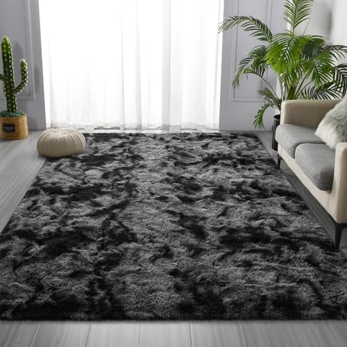 Tie-Dyed Dark Grey Shag Area Rug 6x9 ft Plush Faux Fur Fuzzy Carpet
