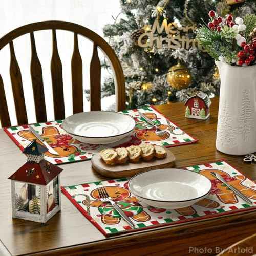 Artoid Mode Gingerbread Candy Cane Christmas Placemats Set of 4, 12x18 Inch Seasonal Table Mats for Party Kitchen Dining Decoration