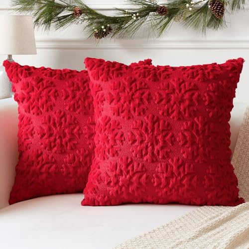 OTOSTAR Set of 2 Red Snowflake Xmas Plush Velvet Throw Pillow Covers 20x20 Inch