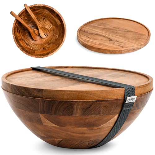 Natural 12.5 Inch Wooden Salad Bowl Set with Utensils, Lid, and Carry Strap