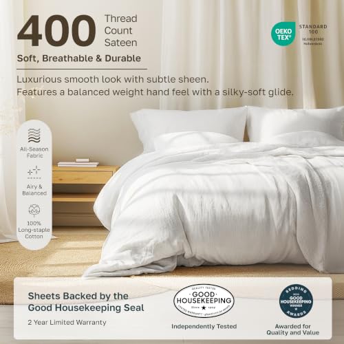 Queen 2-Pack Cotton Sateen Bed Sheets Set - White, Deep Pockets, 400 TC - Variation 01 White / Queen / 2 Sets