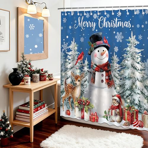 Mocsicka Blue Christmas Snowman Shower Curtain 72x72 Inches Waterproof Fabric Holiday Decor with 12 Hooks