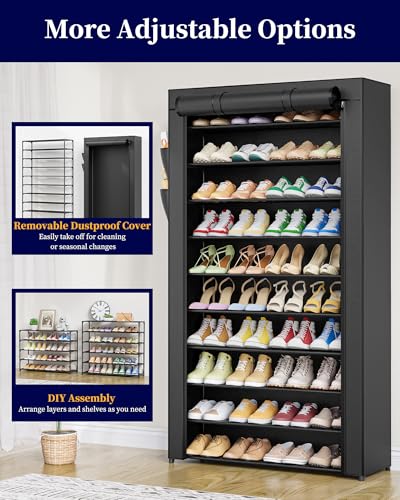 Tall 10-Tier Shoe Rack with Cover - 33 Inch Wide, Removable Shelves, Black Variation of THIS listing