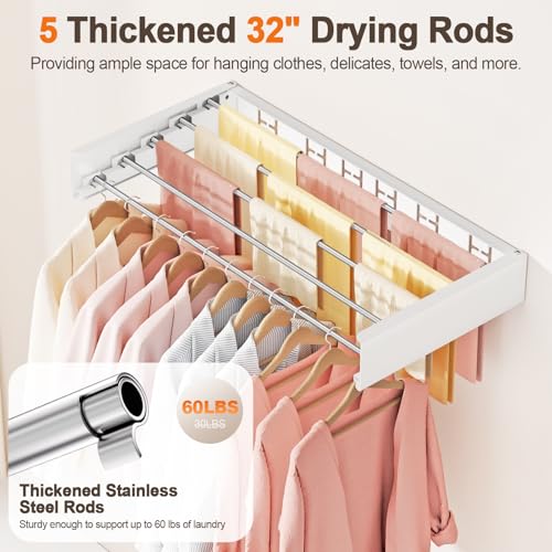 Wall Mounted Foldable Clothes Drying Rack White 32 Inch - Space Saving Laundry Storage with 5 Rods - Collapsible & Invisible Design