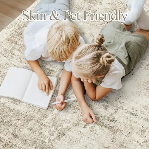 Large 8x10 Abstract Area Rug - Washable Beige & Gray Living Room Decor - Non-Slip, Pet-Friendly