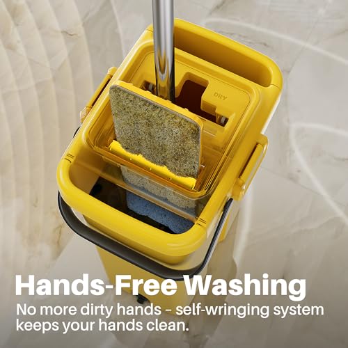 JOYMOOP Industrial Mop and Bucket Set - 17.7-Inch Dust Mop with 3 Reusable Microfiber Pads, 60-Inch Handle, Yellow