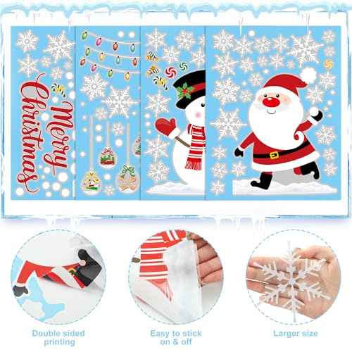 4 Sheets Christmas Window Clings Santa Reindeer Snowman Snowflake Window Decals Large Merry Christmas Windows Stickers Double Sided Xmas Windows Decorations for Xmas Home Office School Party Decor