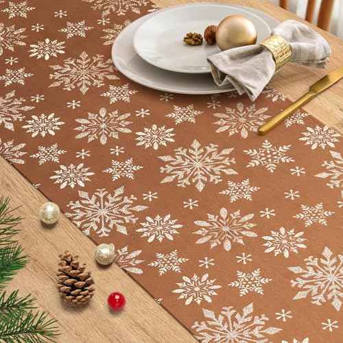 Christmas Day Table Runner,102¡¿11 Inches Velvet Luxury Gold Snowflakes Rectangle Long Farmhouse Table Runner for Romantic Events,Wedding Anniversary,Marriage Proposals,Engagements Party (Velvet/Brown)