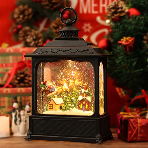 Lasumora Christmas Snow Globe H-santa in a Sleigh Flying Scene with Music & Timer, Glitter Water Lantern, USB/Battery Operated