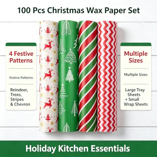 Christmas Wax Paper Sheets 100 Pack, Greaseproof Food Wraps for Baking & Cooking