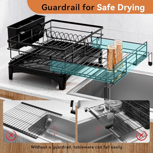 Expandable Dish Drying Rack with Utensil Holder - Large Capacity Kitchen Organizer - Black