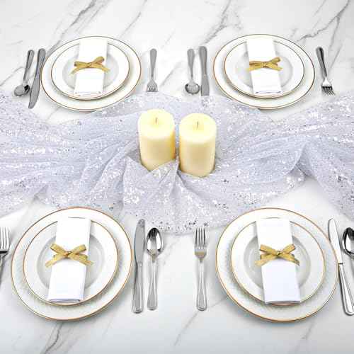 TIESOME 10 Ft Silver Table Runner, Sheer Chiffon Tulle Cheesecloth Silver Sequin Glitter Metallic Foil Party Table Decorations Centerpiece for Wedding Birthday Christmas Bridal